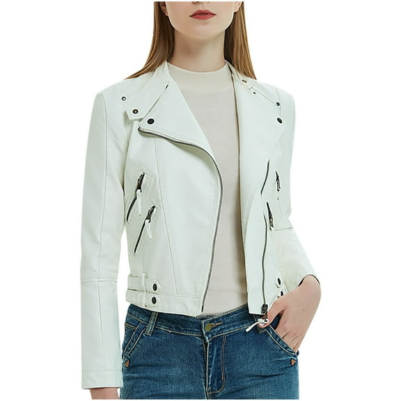 Luxalzxs Leather Jacket Women Long Sleeve Zipper Faux Leather Jacket Lapel Collar Moto Biker Short Coat Jacket
