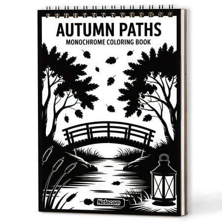 Autumn Paths Monochrome Coloring Book Spiral Bound for Adults A5 Wooden Cover Relaxing One-Color Illustrations with Falling Leaves Forest Trails Fall Scenes for Mindfulness