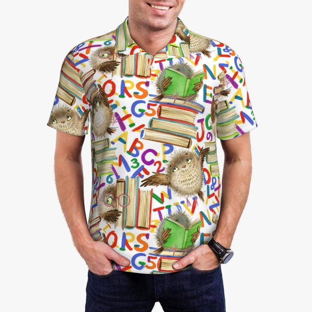 Balery Owl Back To School Camisa Polo de Hombre con Estampado, de Manga Corta y Tejido Medio, Camisa Tipo Golf Polo-Large