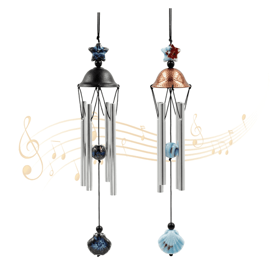 LANHUE 2 Pack Small Silver Wind Chimes for Outside, Metal Garden Windchime with Ceramic Drops, Soothing Melodic Sound Bells for Porch, Patio, Yard and Home Decor
