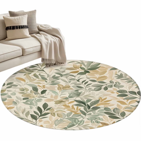 Sage Green Yellow Botanical Large Area Rugs for Bedroom Living Room, Soft Non Slip Carpet Bedside Rug, Spring Summer Vintage Round Floor Cover Kitchen Accent Rug 3' for Dining Room/Office