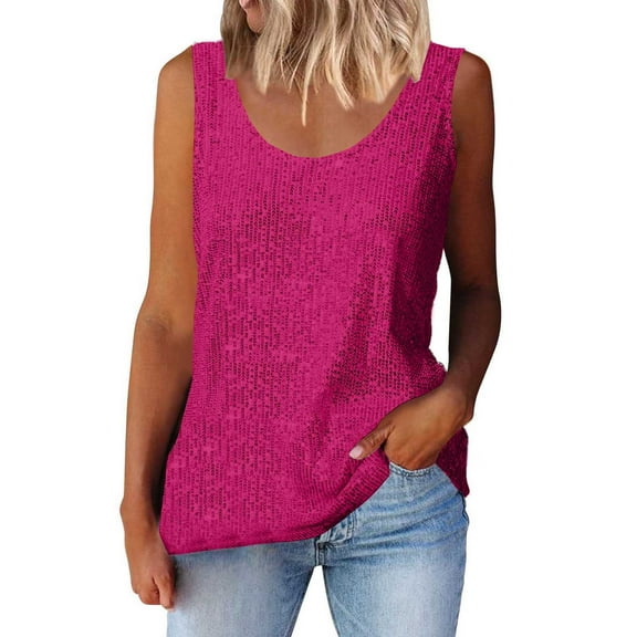 BYHONG Women's Sequin Tank Top Sleeveless Blouse Sparkly Neck Summer Fashion Top Casual & Party Wear Shirt Lightweight Breathable Tanks Tops for Women Hot Pink XL