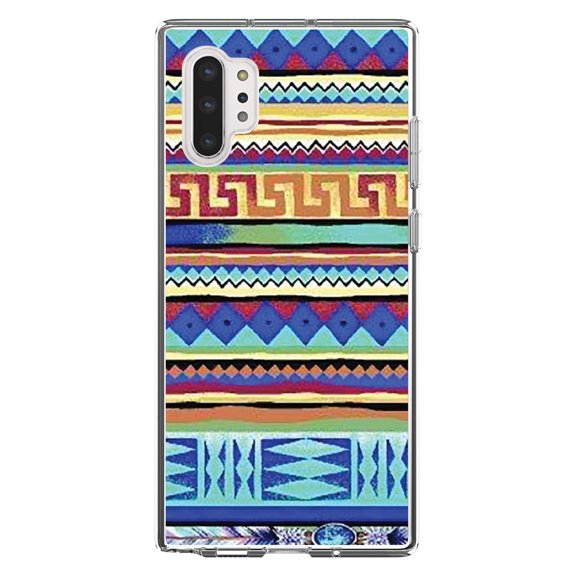 DistinctInk Clear Shockproof Hybrid Case for Galaxy Note 10 PLUS (6.8" Screen) - TPU Bumper, Acrylic Back, Tempered Glass Screen Protector - Blue Red Yellow Tribal Print
