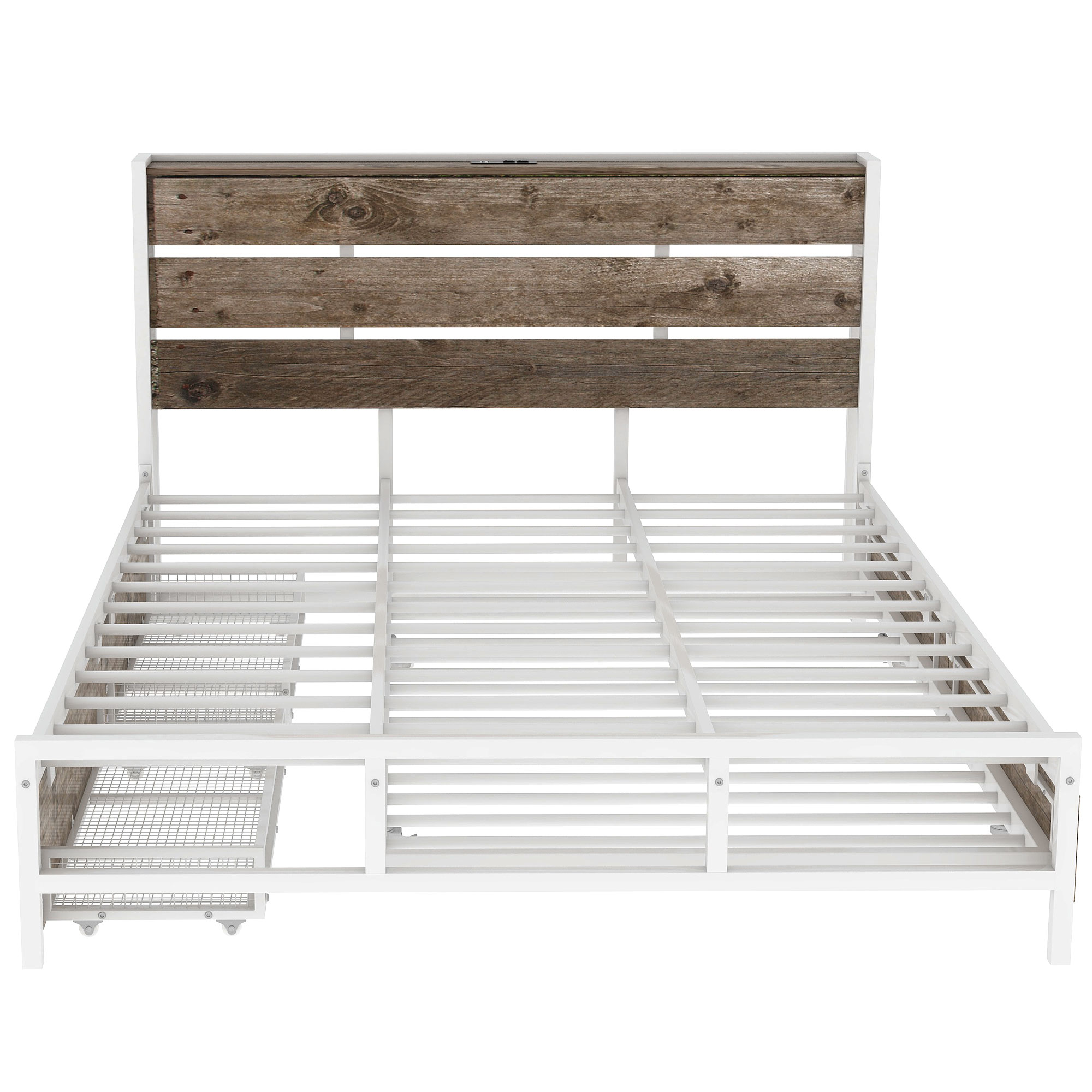 Euroco Wood Metal Queen Size Platform Bed with Functional Headboard, 4 Storage Drawers, Charging Station and USB Ports, White