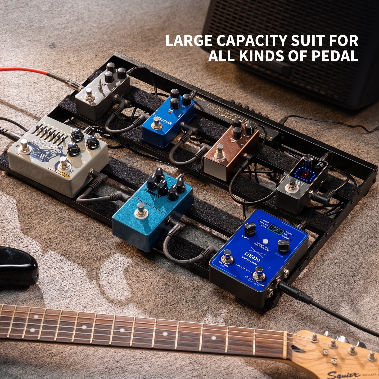 LEKATO Pedalboard, Pedal Board with Built-in Power Supply, 19x12.2x1.8" 2.97LB, Aluminium Alloy Guitar Pedal Board with Carry Bag, Pedal Cables, Adhesive Hookside Tape