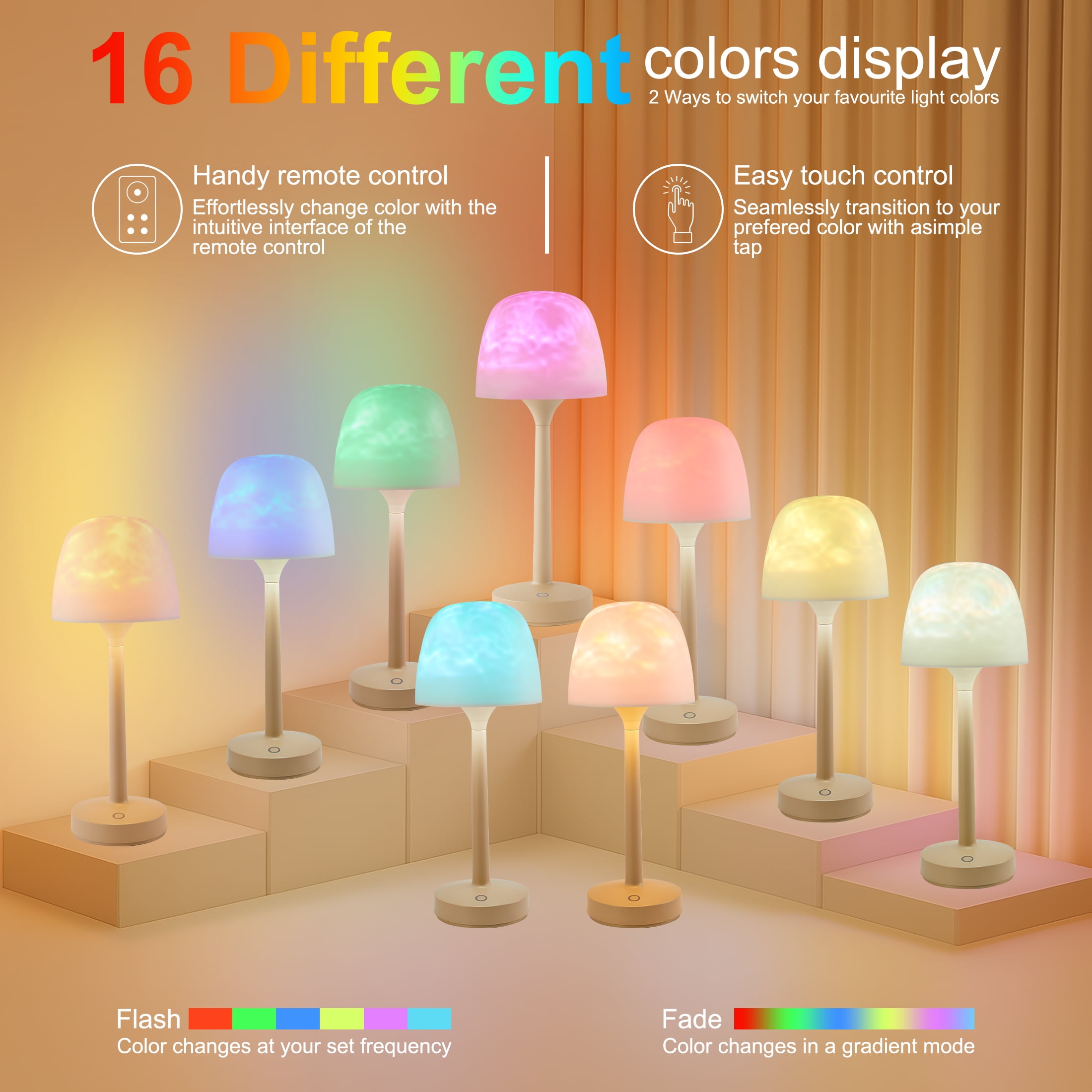 LOFTER-PRO Table Lamps, Ocean Wave Projector Light & Underwater Ripple Lamp – 2-in-1 Cordless Desk Lamp, Dual-Mode Ambient Lighting, USB , 16 Colors RGB, Touch/Remote Control for Bedroom, Living Room
