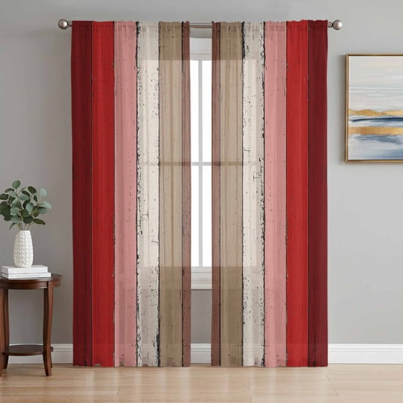 Red Pink Sheer Curtains 96 Inch Length 2 Panels Set, Farmhouse Wood Grain Vintage Brown Striped Voile Window Treatment Semi Sheer Long Curtains Drapes for Bedroom/Living Room/Kitchen 52"x96"x2