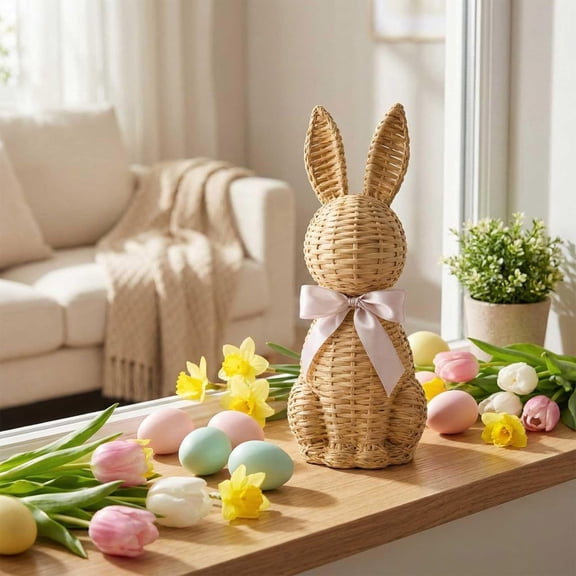Rattan Effect Resin Easter Bunny Figurines, Spring Garden Statues for Table Centerpiece Decor, Indoor Outdoor Patio Yard Art Display