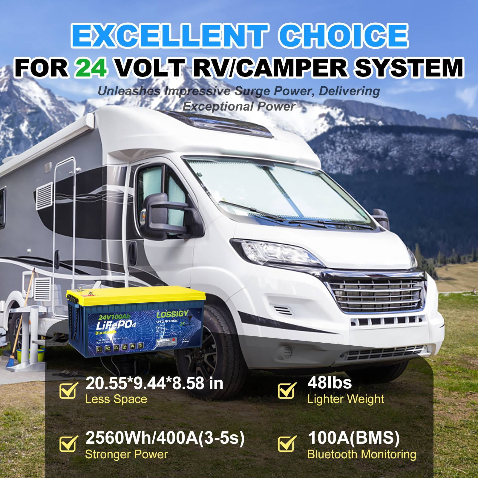 LOSSIGY 24V 100AH LiFePO4 Lithium RV Battery, Perfect for Solar System, Marine, 2560Wh 5000+ Deep Cycles, Built in BMS with 10 Yrs Lifespan