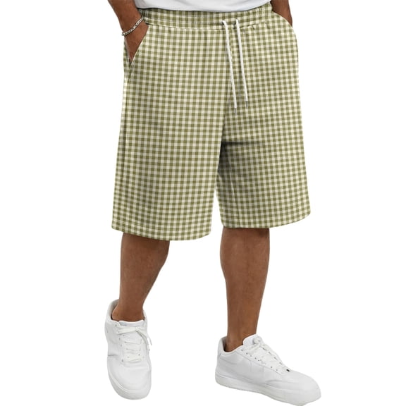 Delconic Men Classic Gingham Plaid Quick Dry Casual Shorts Skin Friendly Stretch Waist Deep Side Storage Pockets Short Trousers For Spring Summer Army Green L