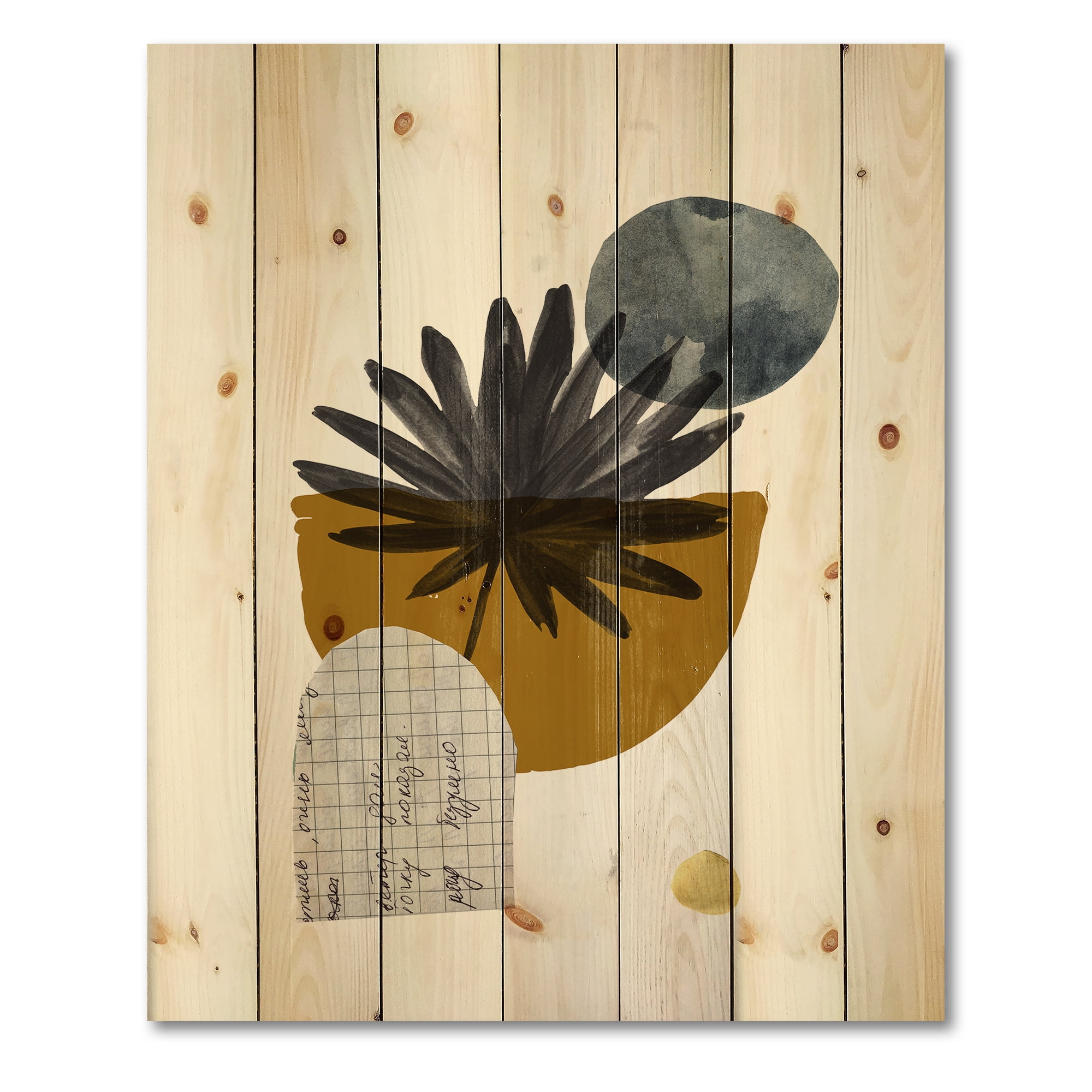 Designart 'Abstract Geometry Shapes and Tropical Palm Leaf I' Modern Print on Natural Pine Wood