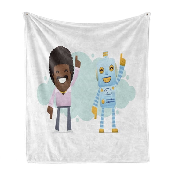 Science Party Soft Flannel Fleece Blanket, Smiling Man in 1970s Style and Robot Dancing Together Image Art Print, Cozy Plush for Indoor and Outdoor Use, 60" x 80", White Multicolor, by Ambesonne