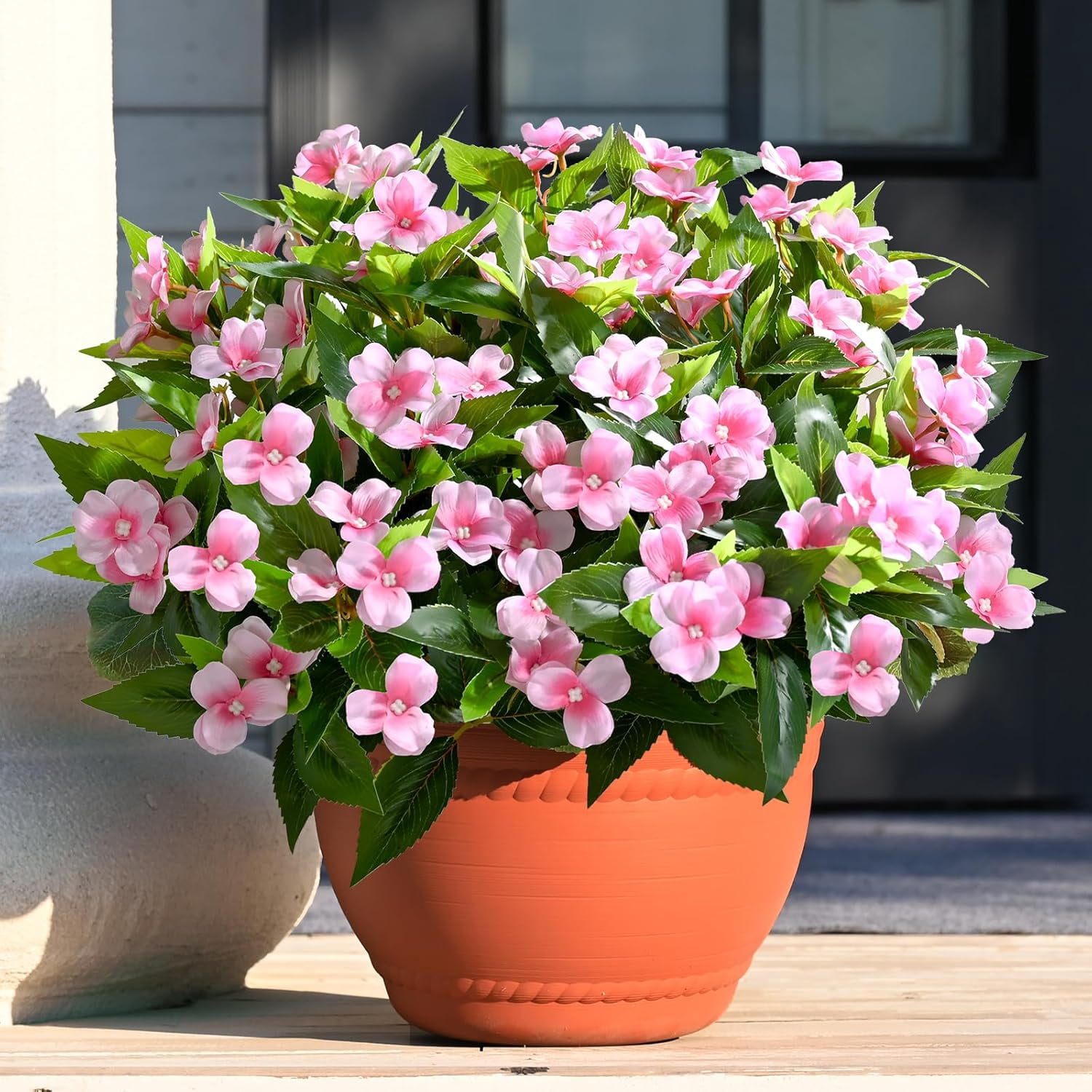 5 Ppcs Artificial Flowers for Outdoors, UV Resistant Faux Flowers for Outdoor Planters, Silk Impatiens Bouquet Pink Spring Artificial Plants for Garden Porch Patio Balcony Yard Decoration
