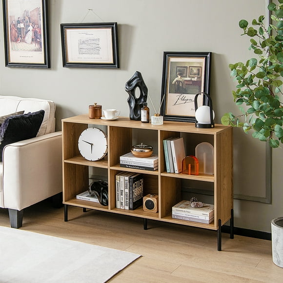 Giantex 6 Cube Storage Organizer Bookshelf, Wood Open Bookcase w/Metal Legs, Adjustable Display Shelf, Natural