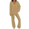 thumbnail image 2 of Leesechin Womens Sleepwear Set Two Piece Loungewear Long Sleeve Solid Color Tops with High Waist Pants Baggy Warm Pajama Sets Khaki L, 2 of 7
