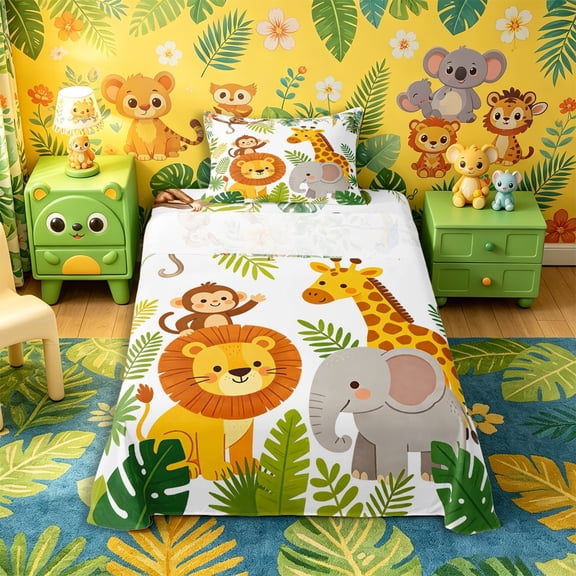 Castle Fairy Cute Watercolor Jungle Lion Giraffe Elephant Twin Sheets 3pcs,Cartoon Animal Bedding,Green Brown White,1 Fitted Sheet, 1 Flat Sheet and 1 Pillowcase