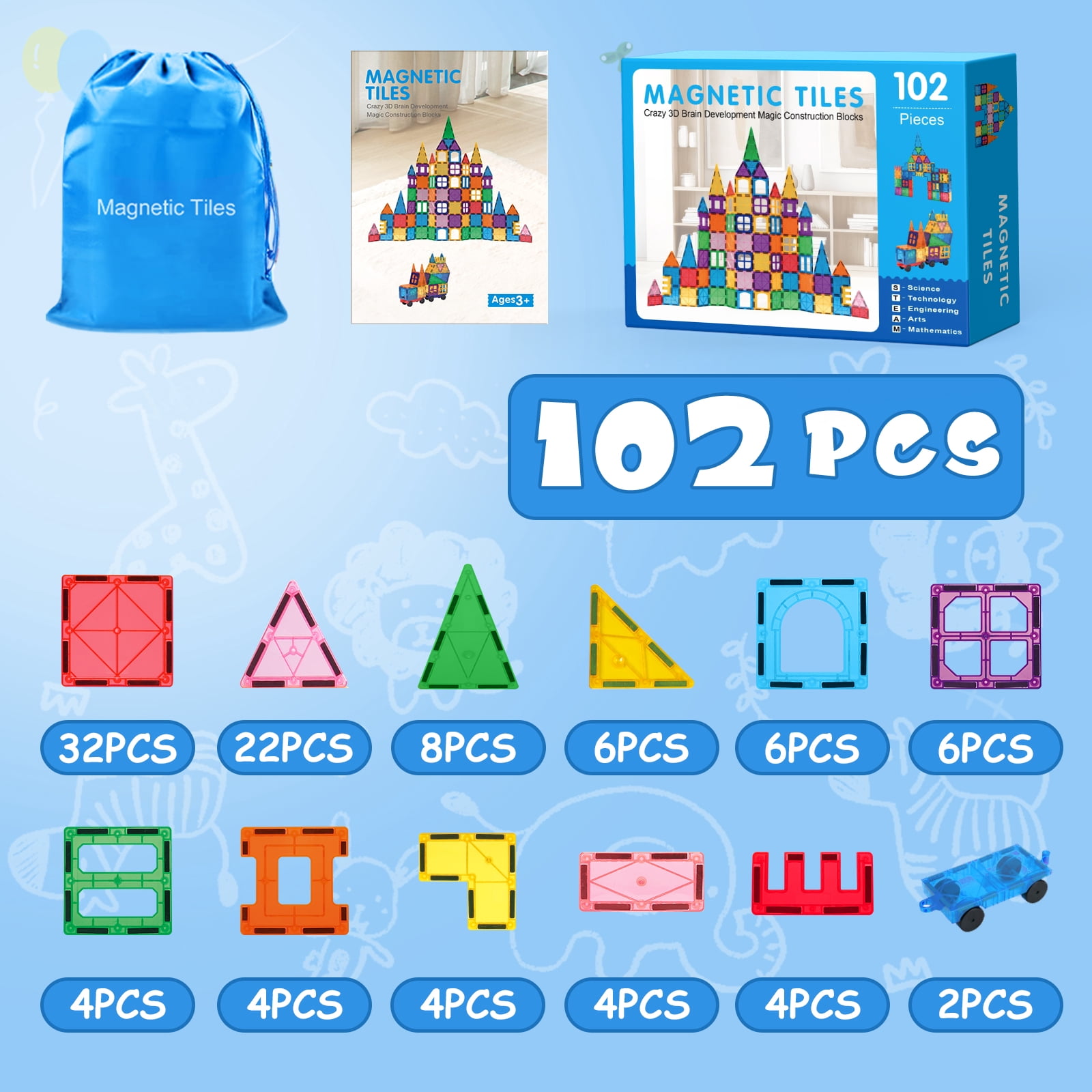 Magnetic Tiles 102pcs Building Blocks Stem Toys for 3+ Year Old Boys and Girls Montessori Toys Toddler Kids Gifts Parents Approved Sensory Toys