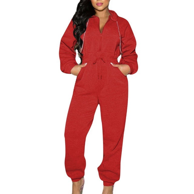 Yuyuzo Women Sweatshirt Jumpsuits Long Sleeve Zip up Elastic Drawstring Waist Hooded Pullover Rompers Solid Color