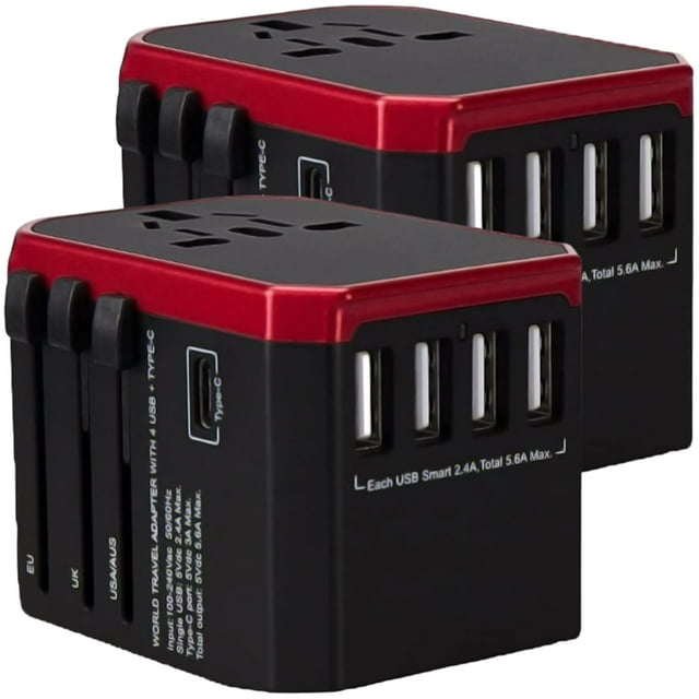 Adaptadores de Viaje Universales TravelXpertRed 2Pzas 100-240V 50-60Hz 5V 5.6A EU/UK/USA/ AUS Negro/Rojo.
