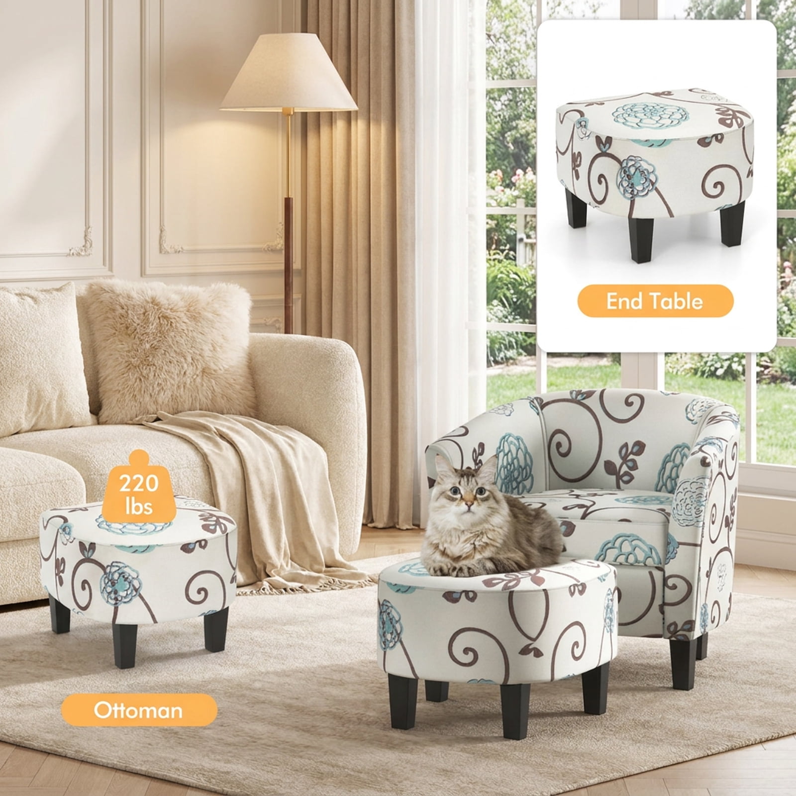 Furnibear Modern Accent Tub Chair and Ottoman Set with Fabric Upholstered for Living Room Bedroom Reading Nook Accent Lounge Home, Beige