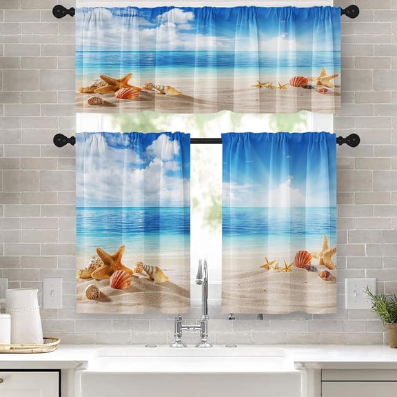 Beach Kitchen Curtains Summer Landscape Window Curtains Valance and Tier Set 36 Inch, Sand Cloud Beautiful Rod Pocket Short Tier Curtain, Blue Sea Small Curtains for Kitchen Decor