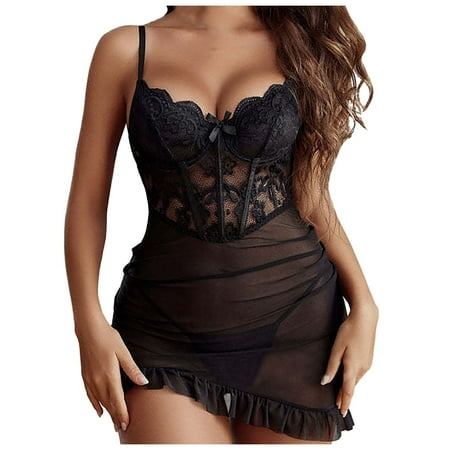 Midwennn Lingerie for Women Lace Ruffle Hem Dress Bra With Underwire Chemise Push Up Nightgown Lingerie for Women plus Size
