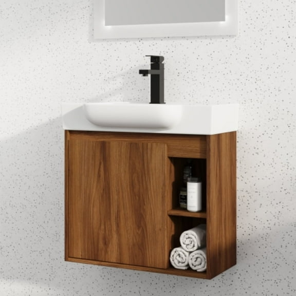 Tcbosik 24" Floating Bathroom Vanity with Ceramic Sink, Wall Mounted Vanity Cabinet with Open Shelf and Soft Closing Door for Small Space, Brown Ebony