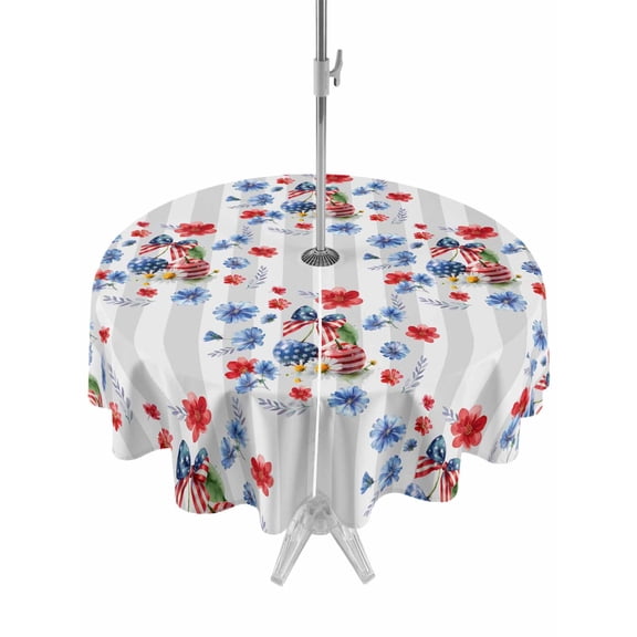 Outdoor Tablecloth with Umbrella Hole for Patio/Picnic/Party/Camping, 4th of July Waterproof Table Cloth Round Cover Washable, Independence Day Floral Grey Striped (Dia 60")