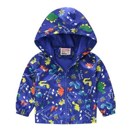 

EHTMSAK Children Boy Girl Pockets Zip Up Jacket Toddler Baby Hooded Fall Winter Cartoon Print Outerwear Long Sleeve Coat Blue 1Y-6Y 90