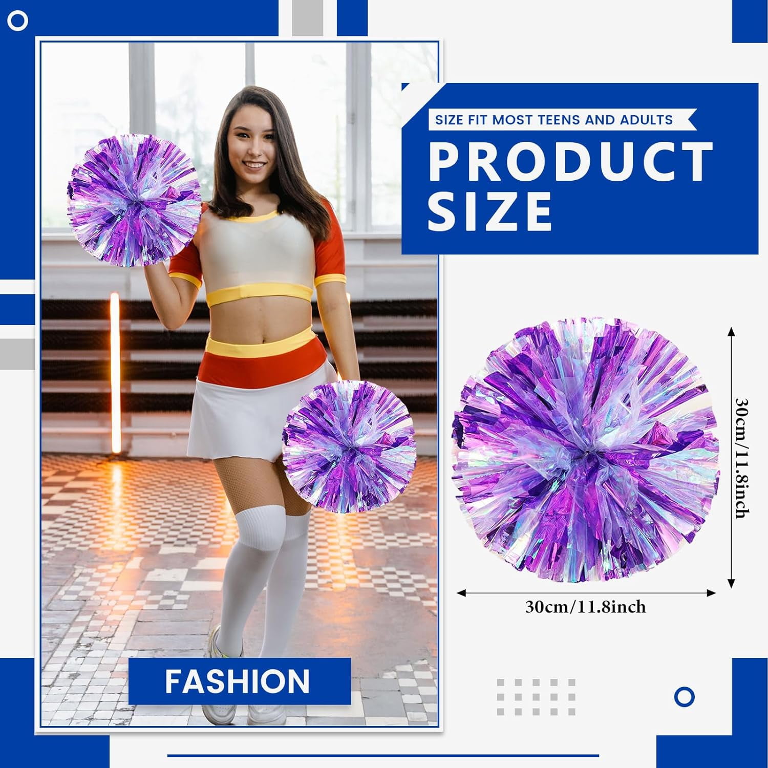 Cheerleader Pom Poms 24 Pack Sports Dance Cheering Plastic Metallic Cheerleading Pom Poms for Kids Adults-Ring Style
