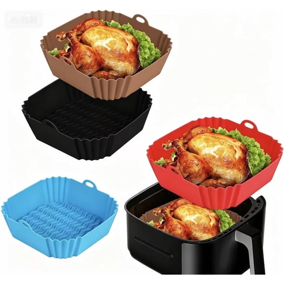 4 Pack Reusable Silicone Air Fryer Liners, 8 Inch Square Non-Stick Air Fryer Basket Liners for 4-7 Quart Baskets, Oven and Microwave Accessories
