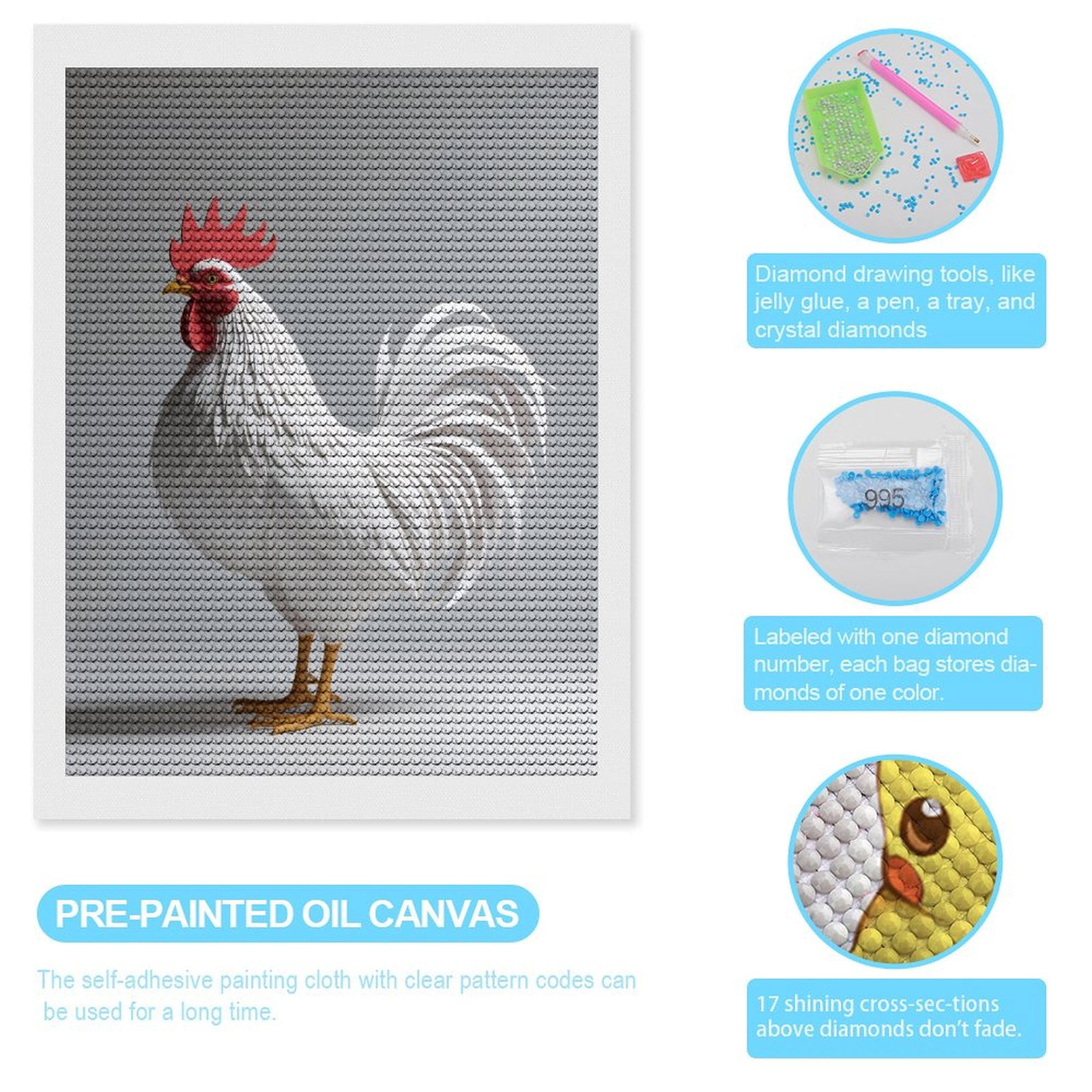 Diamond Art Kits for Adults, White Rooster Paper Art 5D Diamond Painting Kits for Adults Beginners, DIY Full Drill Diamond Painting, Gem Art and Crafts 12x16