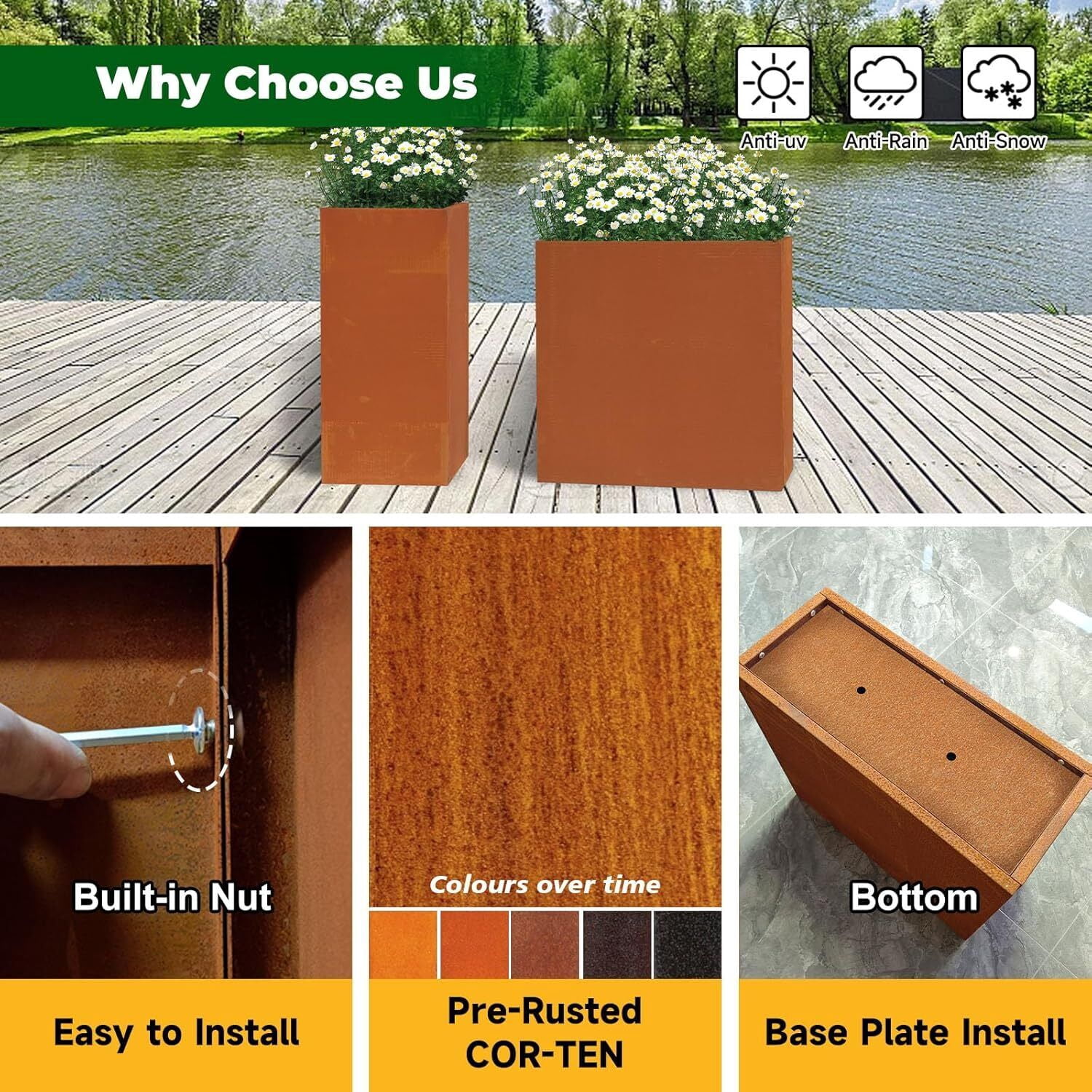 Corten Steel Planter Metal Spliced Planter for Outdoor Garden Plants 24"x10"x24"