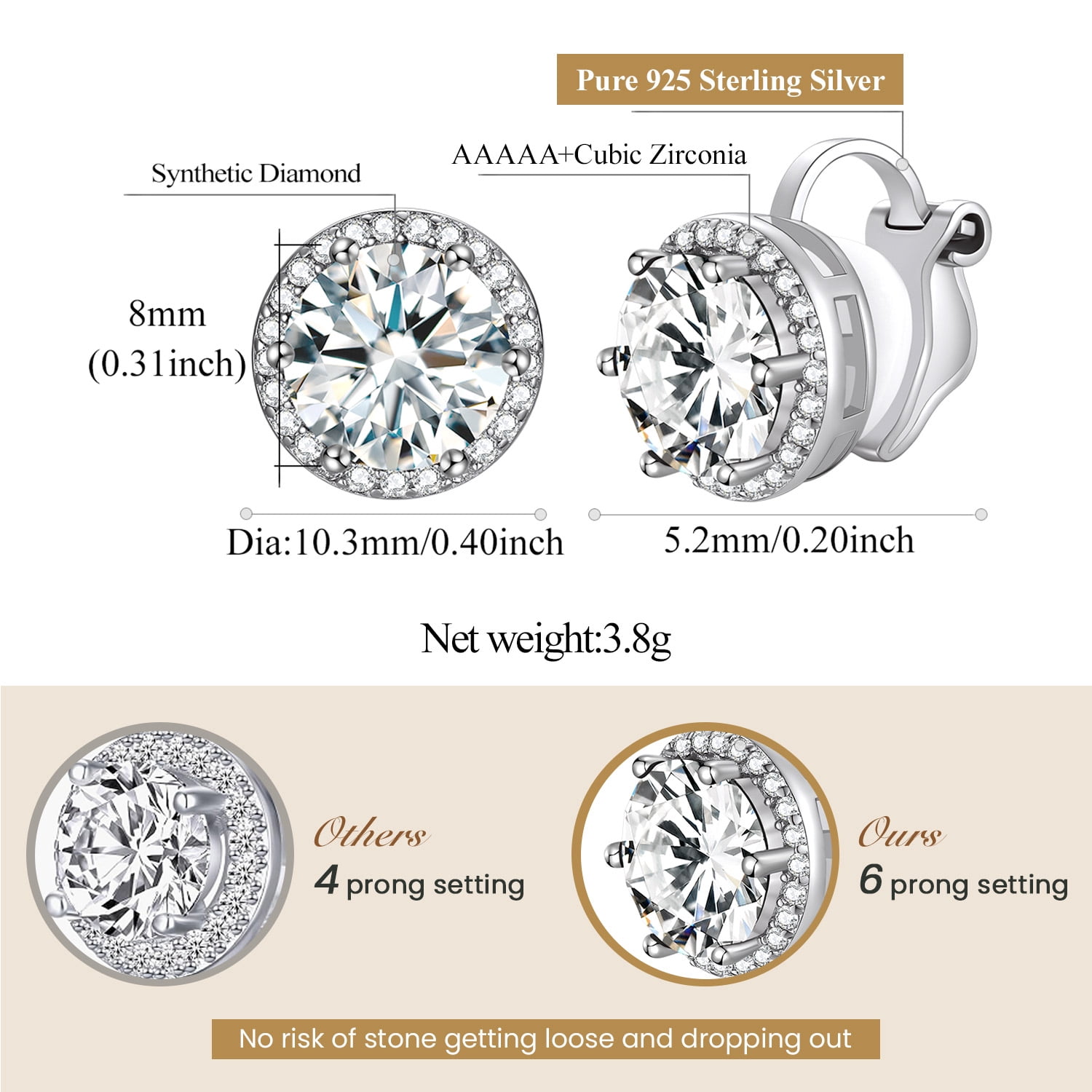 FindChic Pure 925 Sterling Silver Clip On Earrings for Women, Round 8MM Cubic Zirconia Non Pierced Studs Synthetic Diamond Birthstone Earrings Jewelry Gifts for Her, Birthday/Christmas