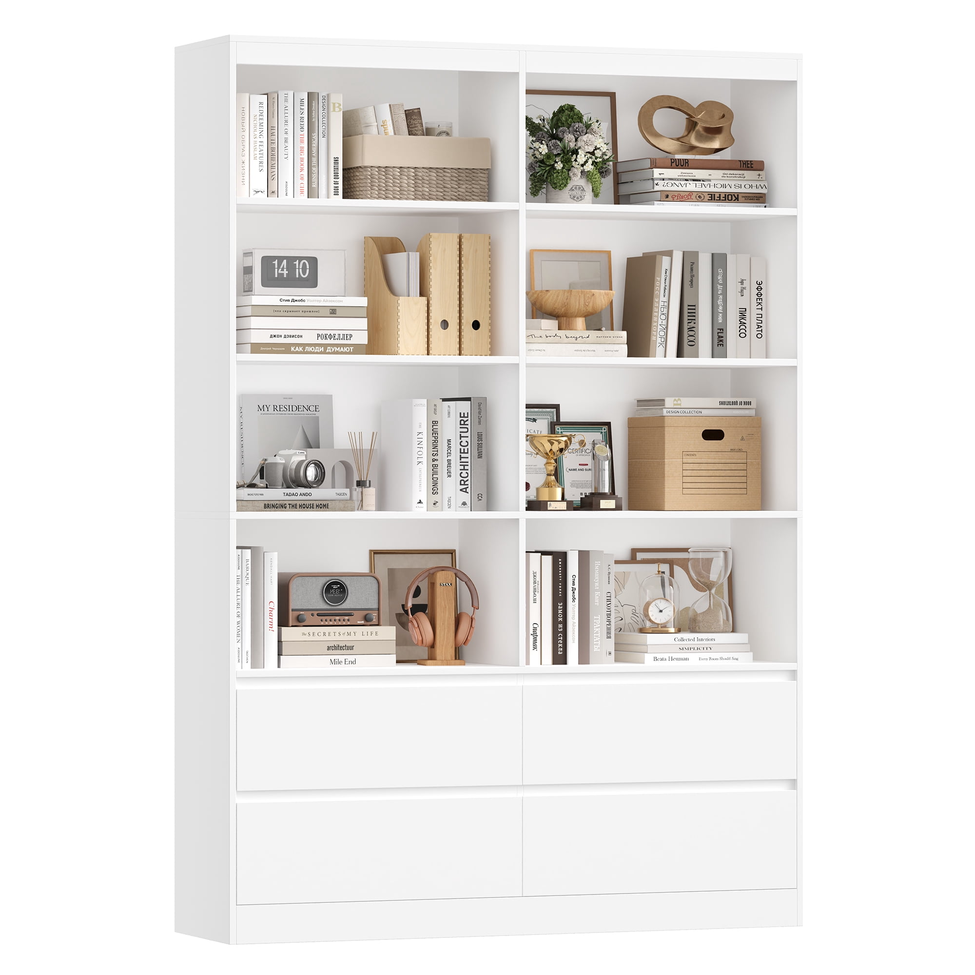Homfa 71″ Tall Bookcase with 4 Drawers, 8 Cubes 6-Tier Double Row Bookshelf, White Bookcase for Home Office Living Room