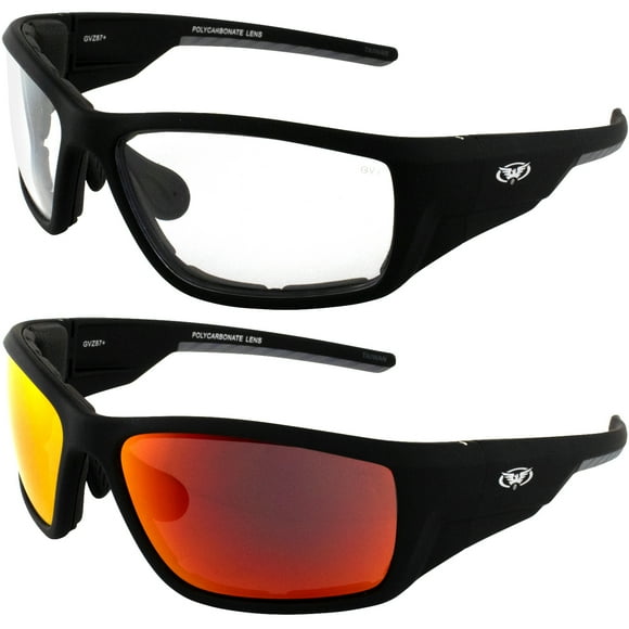 2 Pairs of Global Vision Eyewear Kinetic Foam Padded Motorcycle Safety Sunglasses Soft Touch Black Frames Clear & G-Tech Red Mirror Lenses