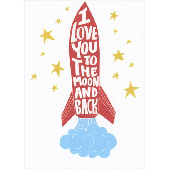 RSVP I Love You to the Moon and Back Rocketship and Sparkling Gold Stars Valentine's Day Card for Husband