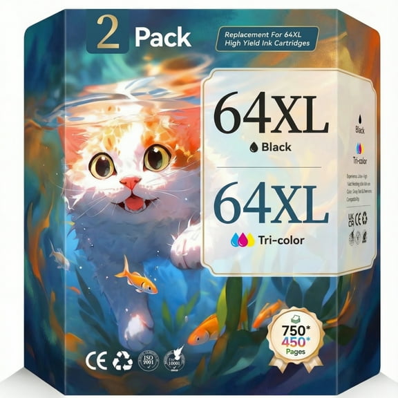 64 Ink Cartridge Compatible for HP 64 Ink Cartridges Combo Pack for Envy Photo 7855 7858 7120 7155 6252 (2-Pack, Black, Tri-Color)