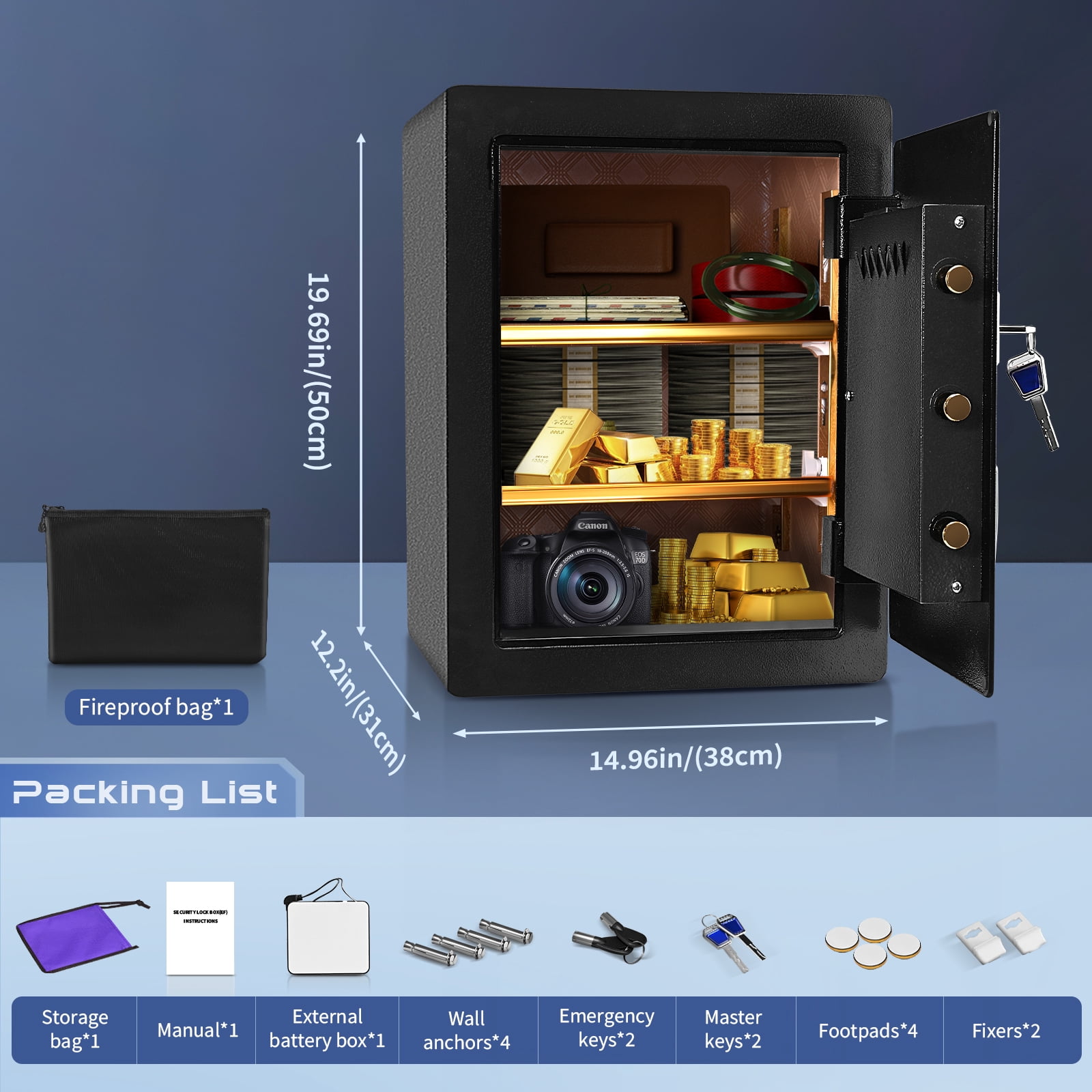 SRWTRCHRY  3.1 CU.ft Electronic Biometric Safe Box with Fingerprint Lock, Home Safe Cabinet Security Box Digital Keypad Safe with Fireproof Bag