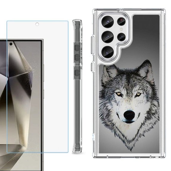 OneToughShield ® Case Compatible with Samsung Galaxy S24 Ultra, Shockproof Bumper Phone Case, with Tempered Glass Screen Protector - Wolf Face