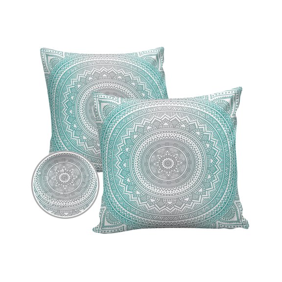Pack of 2 Outdoor Pillow Covers, Cyan Turquoise Floral Mandala Tribe Art Waterproof Square Throw Pillowcase Cushion Decorative Pillow Covers for Couch Patio Tent, 20x20 in