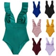thumbnail image 1 of Lovzfmll One Piece Swimsuits for Women Deep V-Neck Solid Strapless Adjustable, Dressy Strapless Push-Up Open Back Ribbed Bathing Suit, Green S, 1 of 6