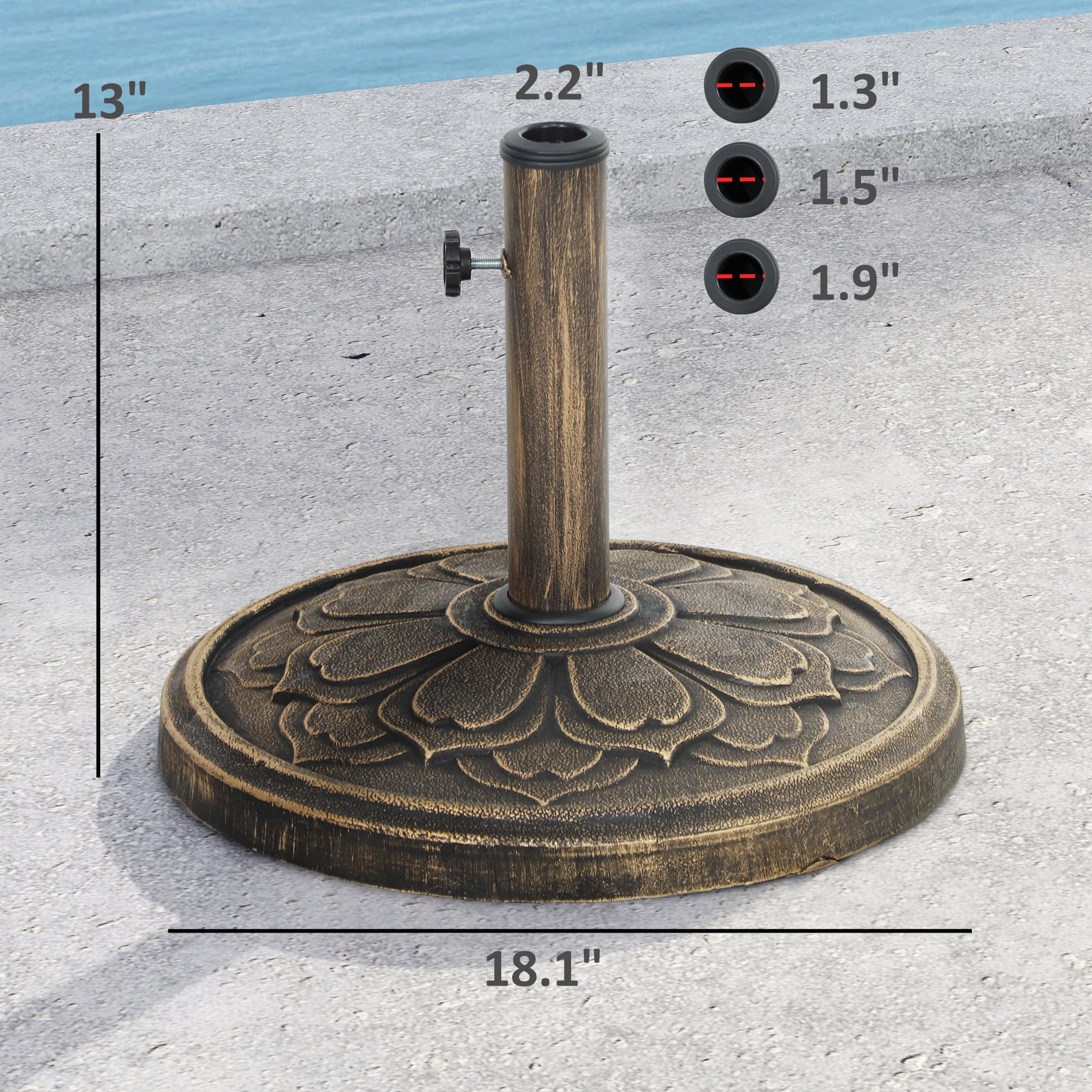Round Patio Umbrella Base, 26 lbs Resin Outdoor Umbrella Stand Base, Patio Umbrella Stand for 1.3"/1.5"/1.9" Umbrella Poles for Outdoor, Lawn, Poolside, Bronze