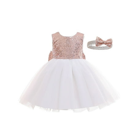 

Biekopu Baby Toddler Girls Elegant Princess Dress Sets Sleeveless Sequin Bowknot Layer Mesh Tulle Gown Dresses with Headband