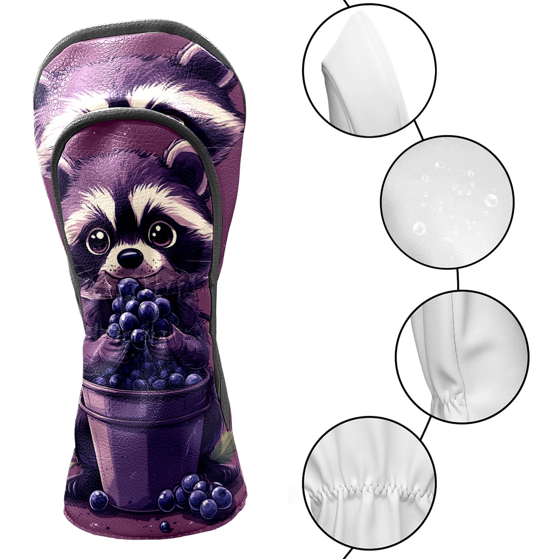 Golf Club Covers PU Leather Waterproof Head Covers for Fairway Woods Hybrids Cartoon Raccoon