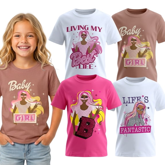MISS POPULAR Girls 4-Pack Super Soft Short Sleeve T-Shirts Rainbow Butterfly Glitter Print Cute Design| Sizes 7-16