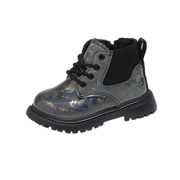 Black Shiny Patent Leather Ankle Boots For Kids With British Style And Lace-Up Design