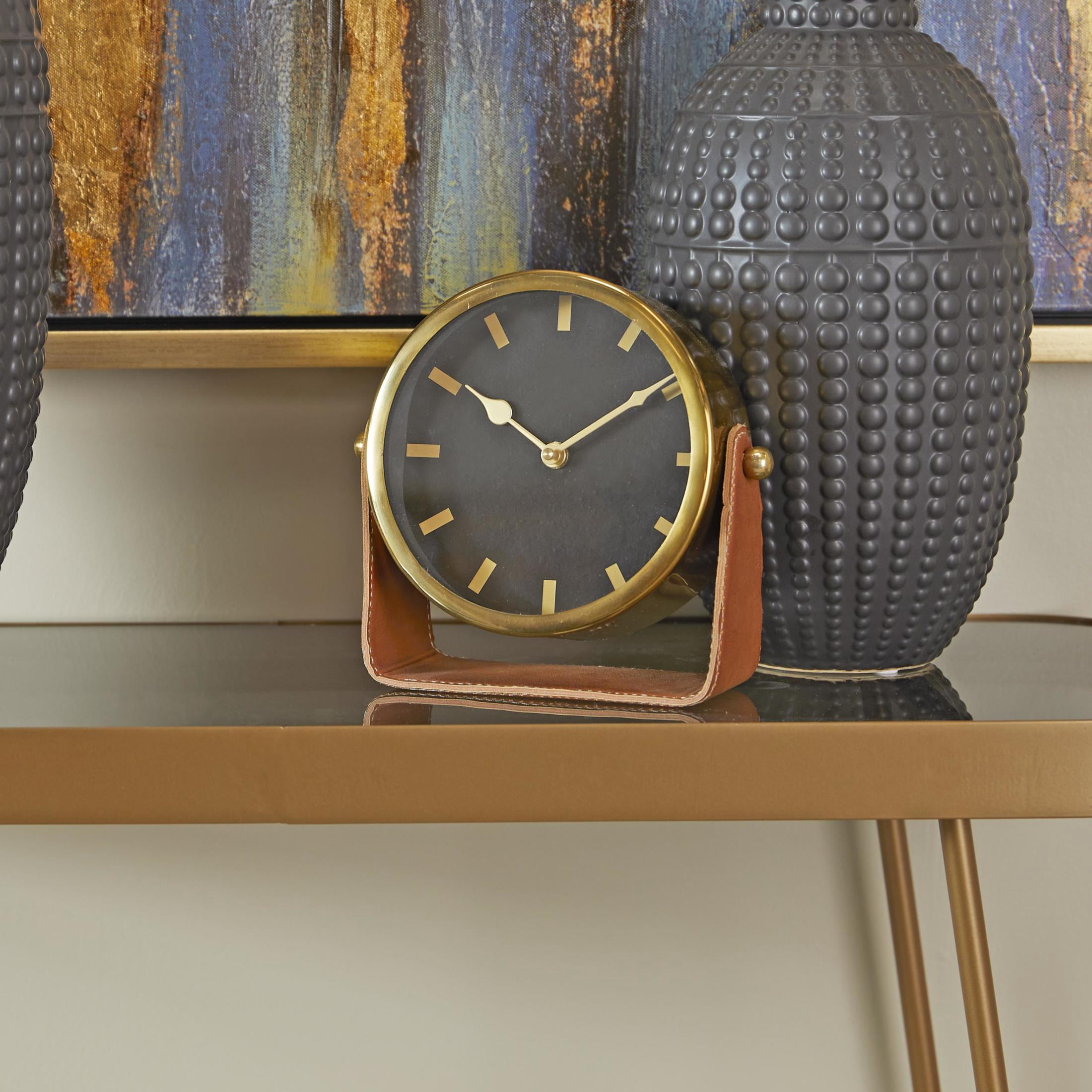 DecMode Stainless Steel Modern Round Decorative Desk Clock 7"W x 7"H, with Metallic Gold and Leathery Brown Stand
