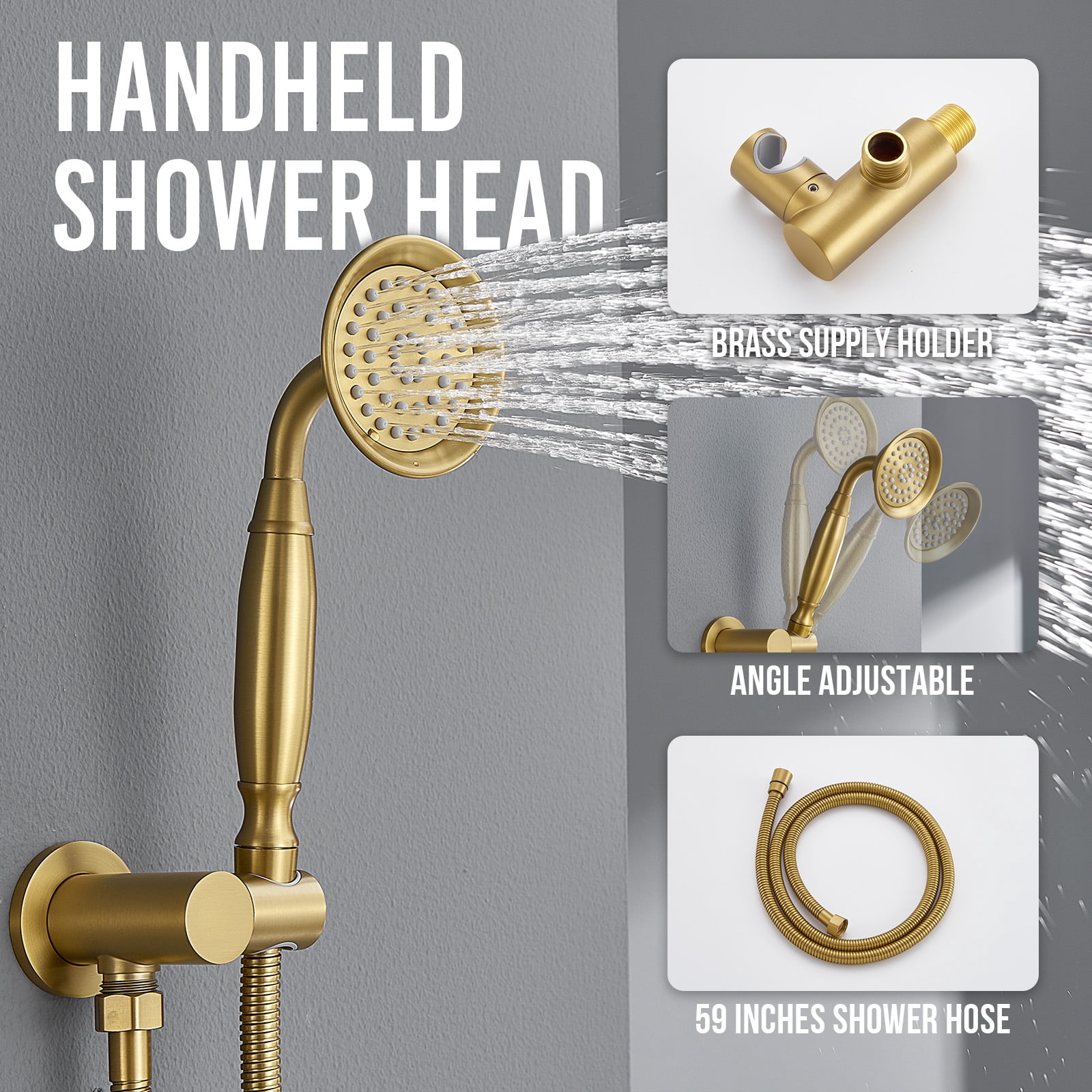 Brushed-Gold Antique Shower System with Jets: 9 inch Rain Faucet Sets Complete Wall Rainfall Head and Handheld Spray Fixtures Combo, 3 Way Diverter Brass Rough in Valve Trim Kit