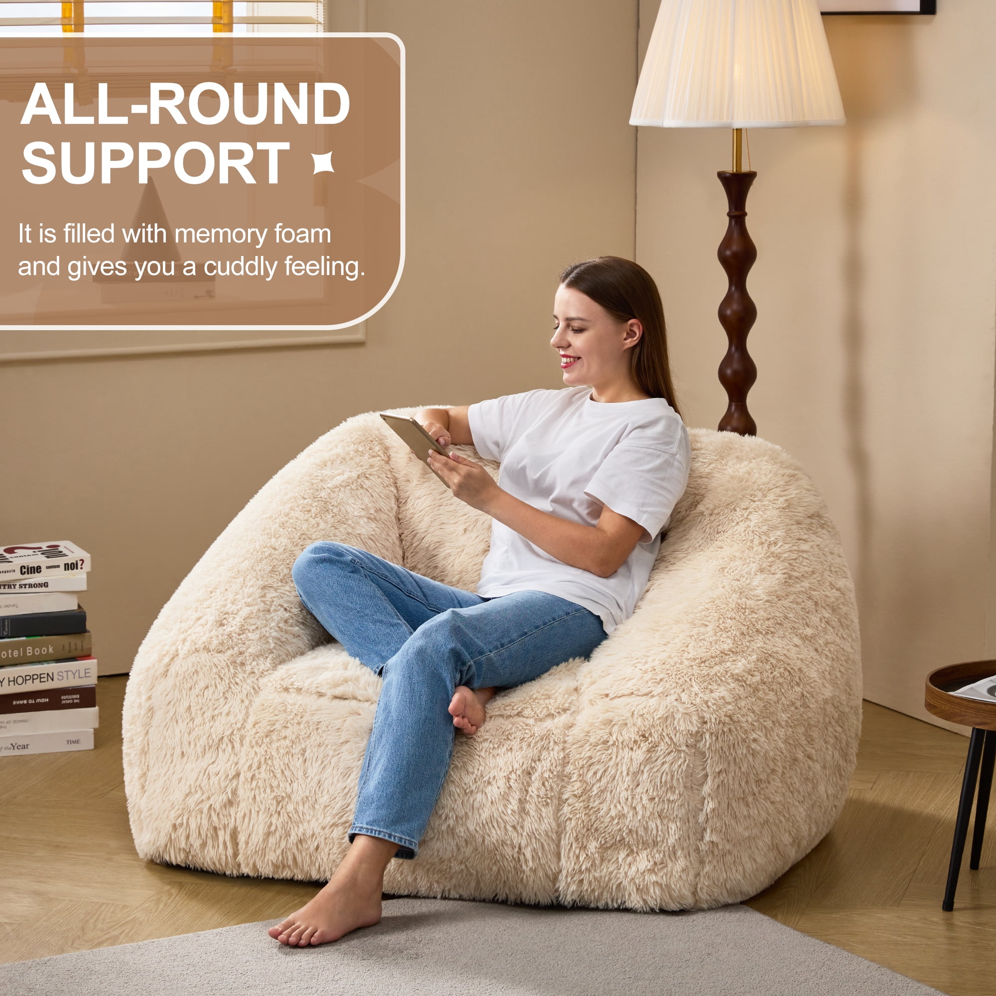 Hobestluk Oversized Bean Bag Chair for Adults with Filler, Large Cozy Reading Chair, Comfortable Lounge Chair for Living Room and Bedroom (White Plush)